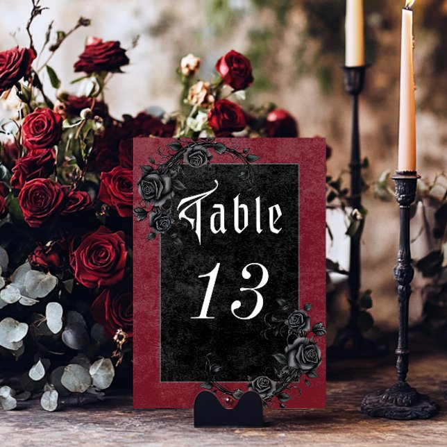 Gothic Black Raven & Ro Vin Bröllop Bordsnummer (Gothic Black Raven & Roses Wine Wedding Table Number)