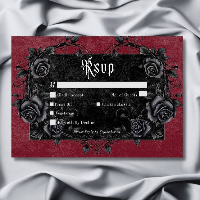Gothic Black Raven & Ro Vin Middag OSA Kort (Gothic Black Raven & Roses Wine Dinner RSVP Card)