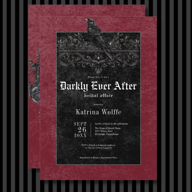 Gothic Black Raven & Ro Vin Möhippa Inbjudningar (Gothic Black Raven & Roses Wine Bridal Shower Invitation)