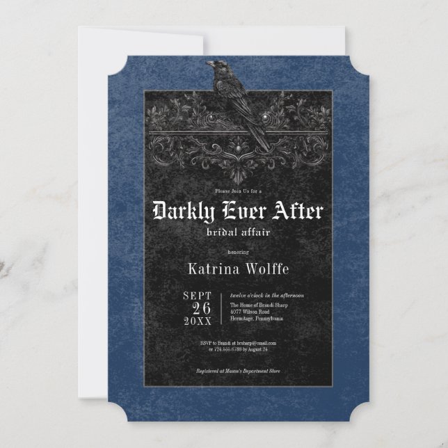 Gothic Black Raven & Roses Blå Bröllopsdusch Inbjudningar (Framsida)