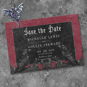Gothic Black Raven & Roses Burgunderröd Bröllop Spara Datumet