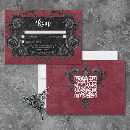 Gothic Black Raven & Roses Burgundy QR Code OSA Kort