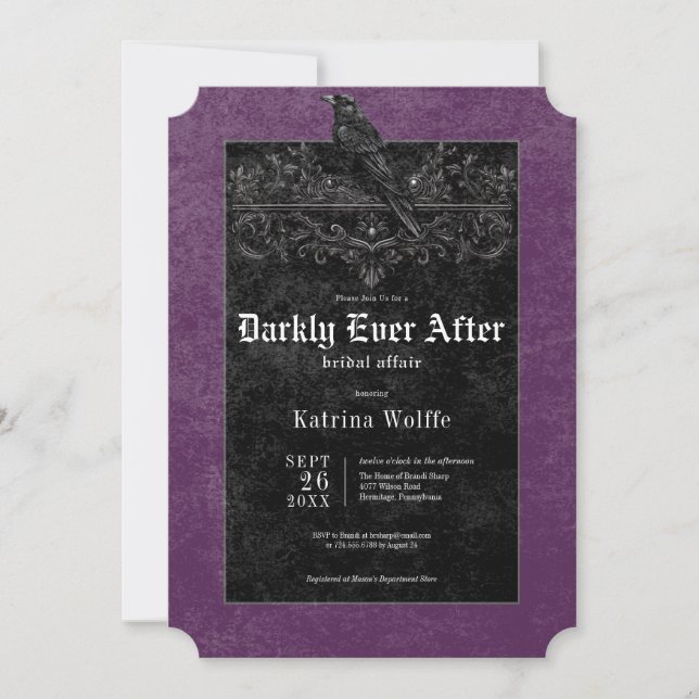 Gothic Black Raven & Roses Purple Bröllopsdusch Inbjudningar (Framsida)