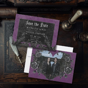 Gothic Black Raven & Roses Purple Foto Bröllop Spara Datumet