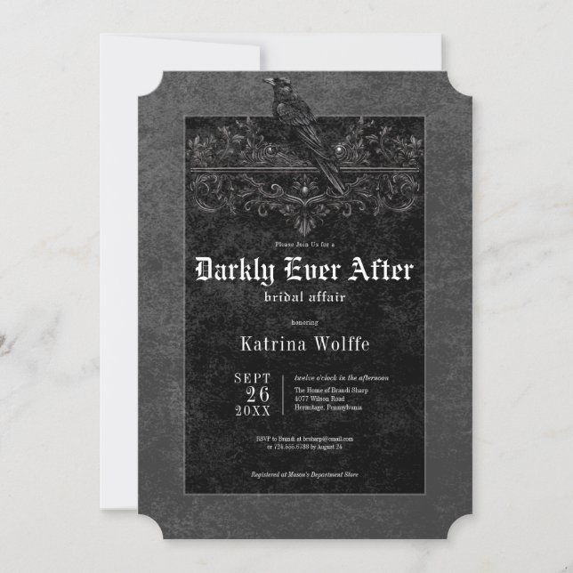 Gothic Black Raven & Roses Svart Bröllopsdusch Inbjudningar (Framsida)