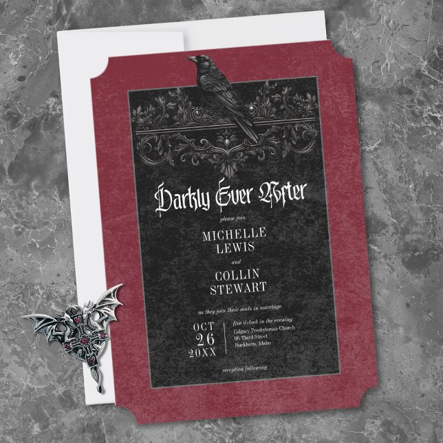 Gothic Black Raven Wine Darkly Ever After Wedding Inbjudningar (Gothic Black Raven Wine Darkly Ever After Wedding Invitation)