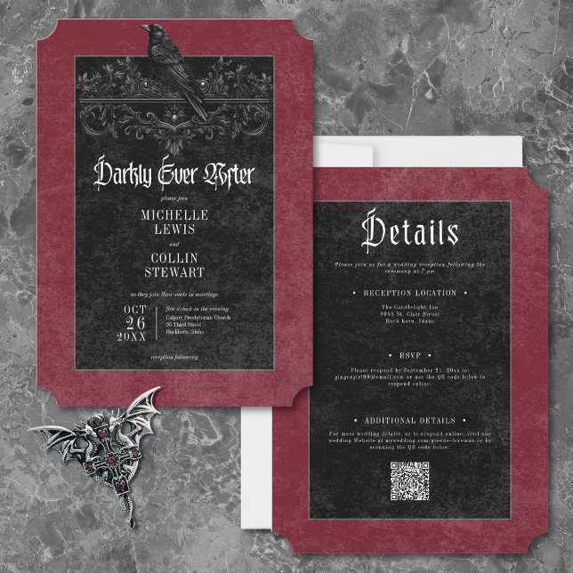 Gothic Black Raven Wine Darkly Ever After Wedding Inbjudningar (Gothic Black Raven Wine Darkly Ever After Wedding Two-Sided Invitation)