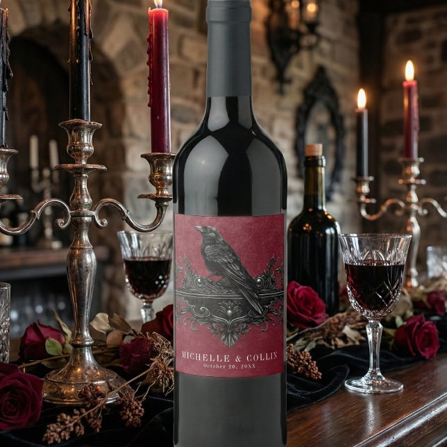 Gothic Black Raven Wine Darkly Ever After Wedding Vinflaska Etikett (Skapare uppladdad)