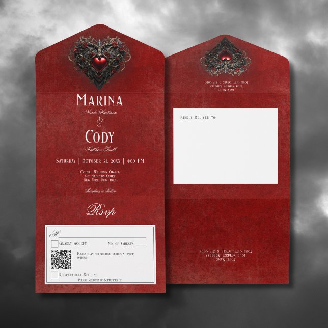 Gothic Black & Red Filigree Heart Red QR-kod (Gothic Black & Red Filigree Heart Red All In One Wedding Invitation with QR Code)