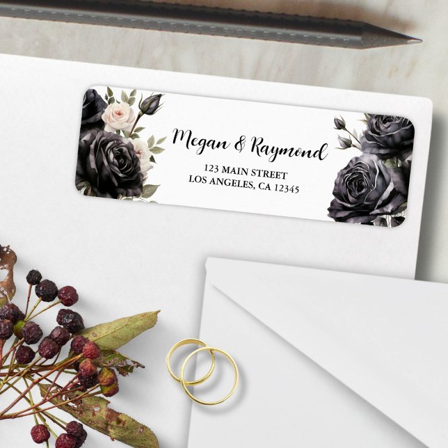 Gothic Black Ro Blommigt Bröllop Returadress Etikett (Skapare uppladdad)