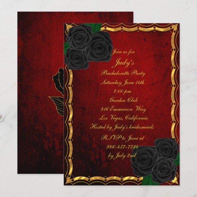 Gothic Black Ro Blood Red Bachelorette Party Inbjudningar (Fram/baksida)