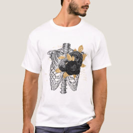 Gothic Black Ro guld löv skeleton torso T Shirt