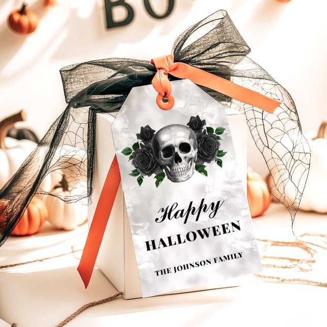 Gothic Black Ro & Skull Happy halloween Presentetikett (Gothic Black Roses & Skull Happy Halloween Gift Tags)