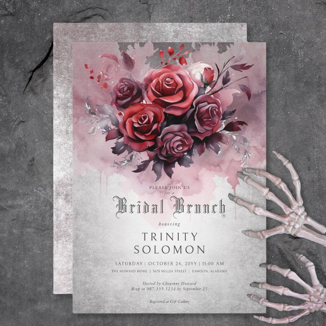 Gothic Black & Röd ros Blommigt Möhippa Brunch Inbjudningar (Gothic Black & Red Rose Floral Bridal Brunch Invitation)