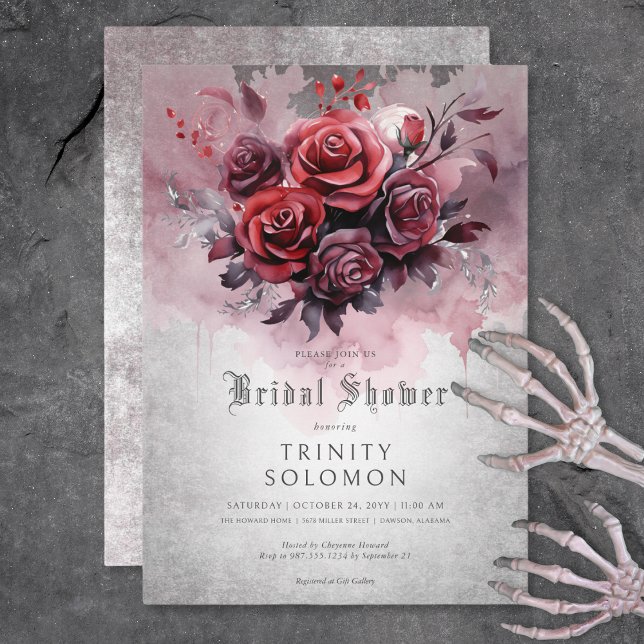 Gothic Black & Röd ros Blommigt Möhippa Inbjudningar (Gothic Black & Red Rose Floral Bridal Shower Invitation)