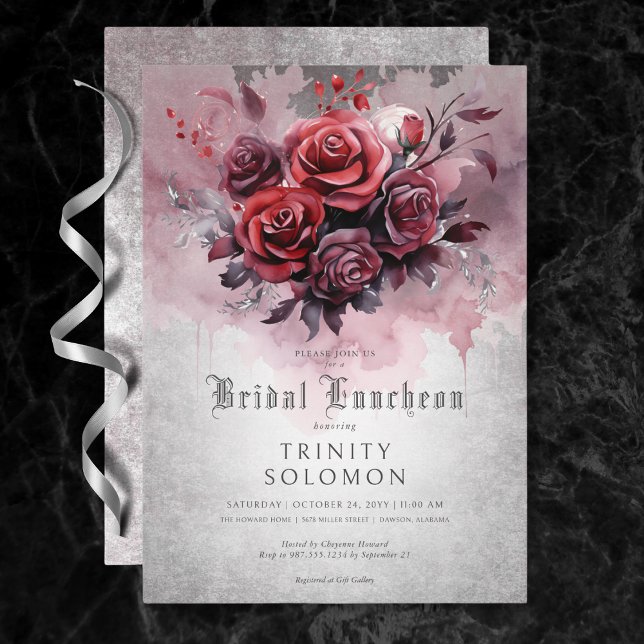 Gothic Black & Röd ros Blommigt Möhippa Luncheon Inbjudningar (Gothic Black & Red Rose Floral Bridal Luncheon Invitation)
