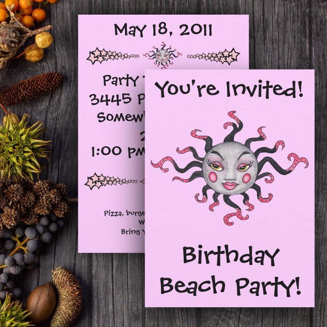 Gothic Black Rosa Sol guddess inbjudningar (Fantasy Black and pink sun with pretty face on pink party invitation.)