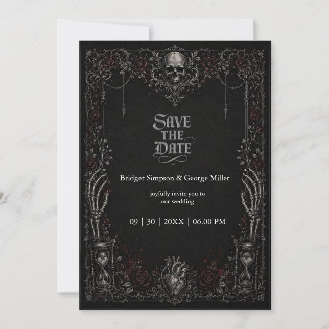 Gothic Black Rose Skalle Hjärta Bröllop  Inbjudningar (Framsida)