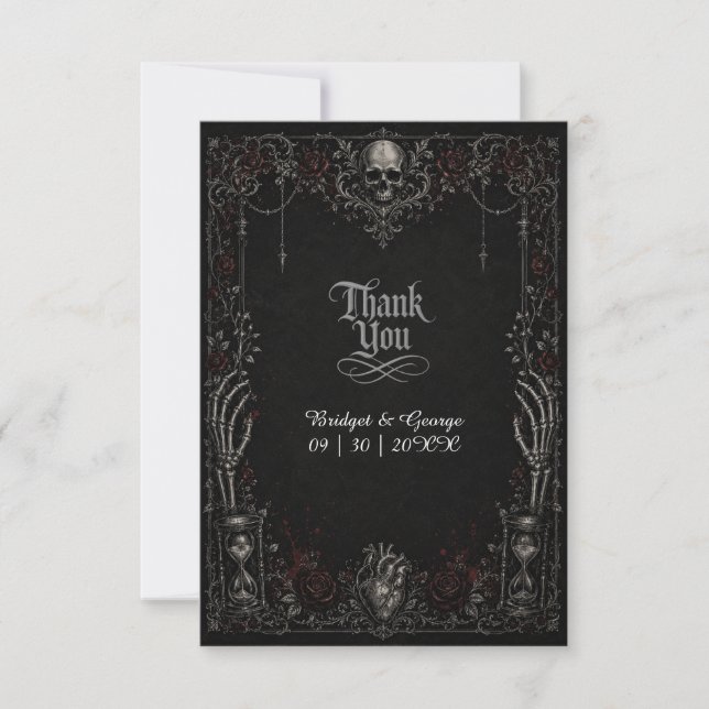 Gothic Black Rose Skalle Hjärta Bröllop  Tack Kort (Framsida)