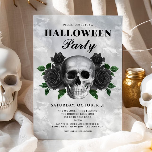 Gothic Black Roses & Skull Halloweenfest Inbjudningar (Gothic Black Roses & Skull Halloween Party Invitation)