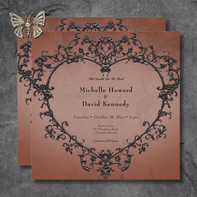 Gothic Black & Rust Filigree Heart Bröllop Inbjudningar (Gothic Black & Rust Filigree Heart Wedding Invitation)