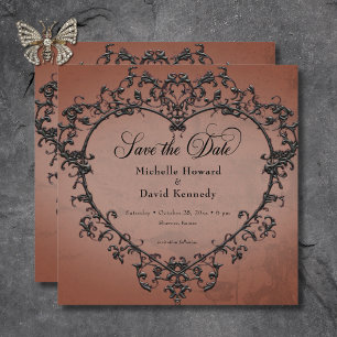 Gothic Black & Rust Filigree Heart Bröllop Spara Datumet