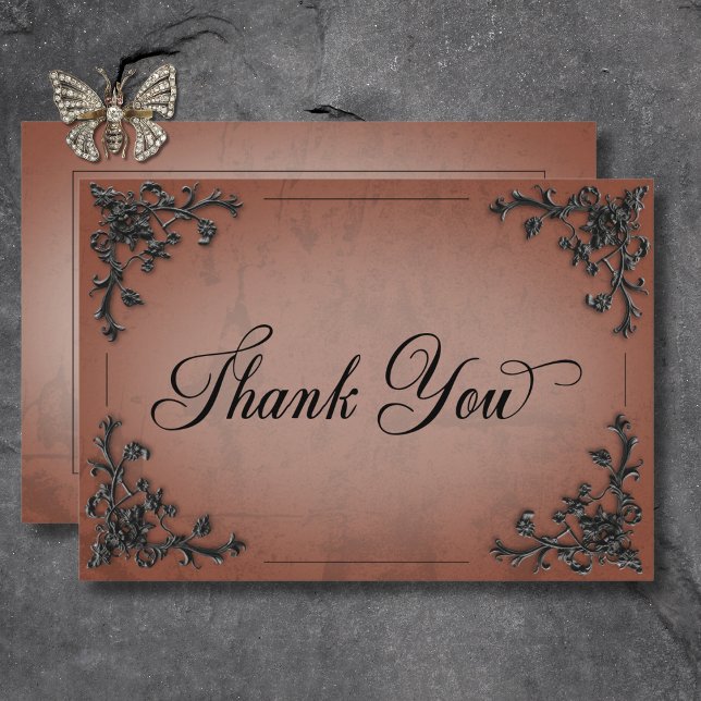 Gothic Black & Rust Filigree Heart Bröllop Tack Kort (Gothic Black & Rust Filigree Heart Wedding Thank You Card)