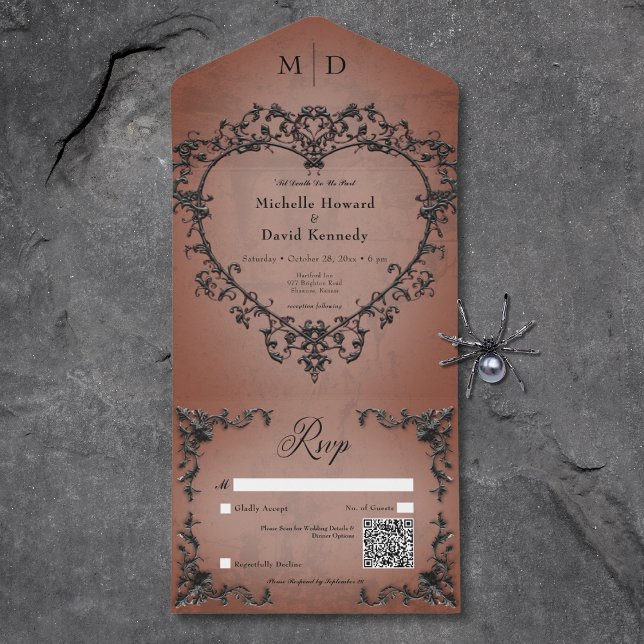 Gothic Black & Rust Filigree Heart QR-kod (Gothic Black & Rust Filigree Heart QR Code All In One Invitation)