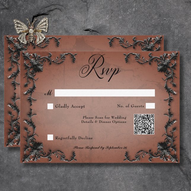 Gothic Black & Rust Filigree Heart QR-kod OSA Kort (Gothic Black & Rust Filigree Heart QR Code RSVP Card)