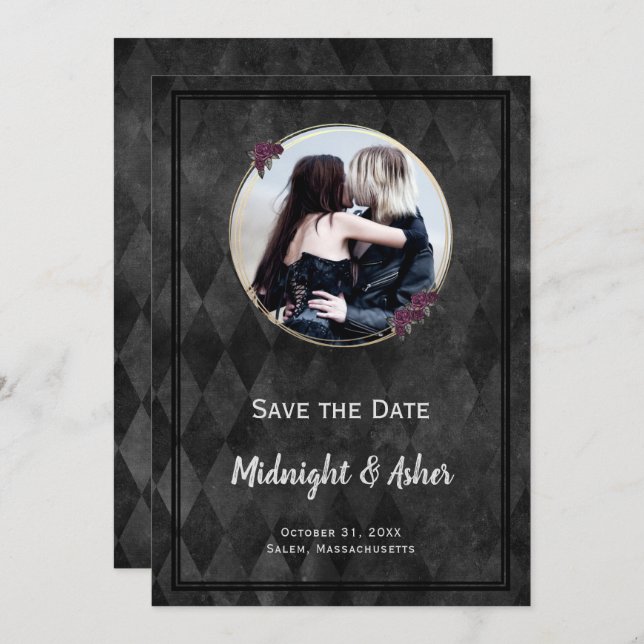 Gothic Black Save Date Ro Guld Circle Spara Datumet (Fram/baksida)