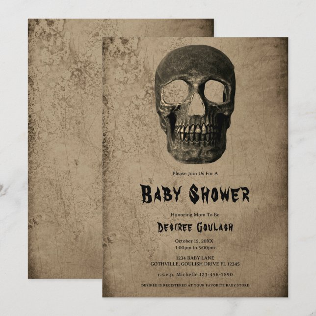 Gothic Black Skull Antique Baby Shower Invitation Inbjudningar (Fram/baksida)