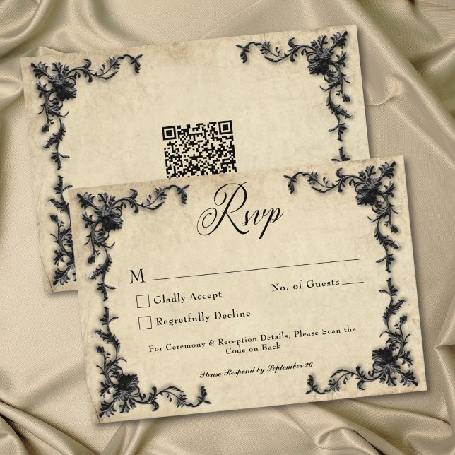 Gothic Black Tan Parchment Filigree Heart Wedding OSA Kort (Gothic Black Tan Parchment Filigree Heart Wedding QR RSVP Card)