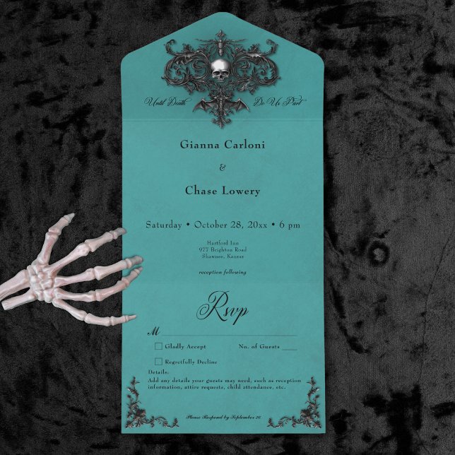 Gothic Black & Teal Halloween Filigree No. Middag (Gothic Black & Teal Halloween Filigree No Dinner All In One Invitation)