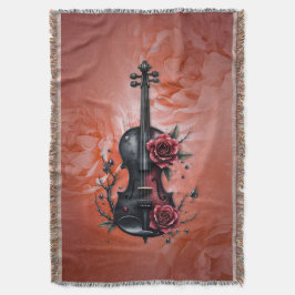 Gothic Black violin med röd ros Filt