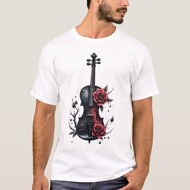 Gothic Black violin med röd ros T Shirt (Framsida)