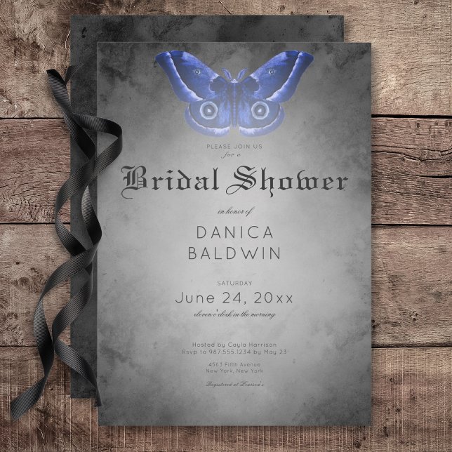 Gothic Black Watercolor Blue Moth Möhippa Inbjudningar (Gothic Black Watercolor Blue Moth Bridal Shower Invitation)