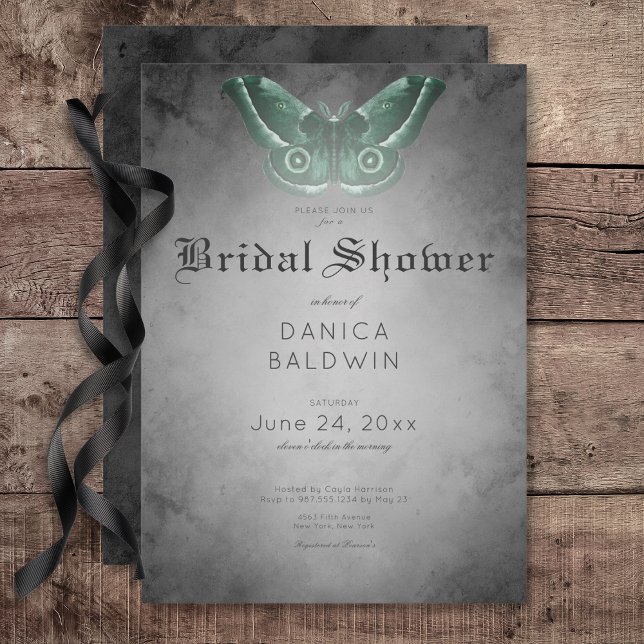 Gothic Black Watercolor Grönt Moth Möhippa Inbjudningar (Gothic Black Watercolor Green Moth Bridal Shower Invitation)