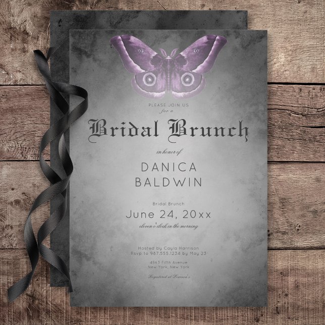 Gothic Black Watercolor Lila Moth Möhippa Brunch Inbjudningar (Gothic Black Watercolor Purple Moth Bridal Brunch Invitation)