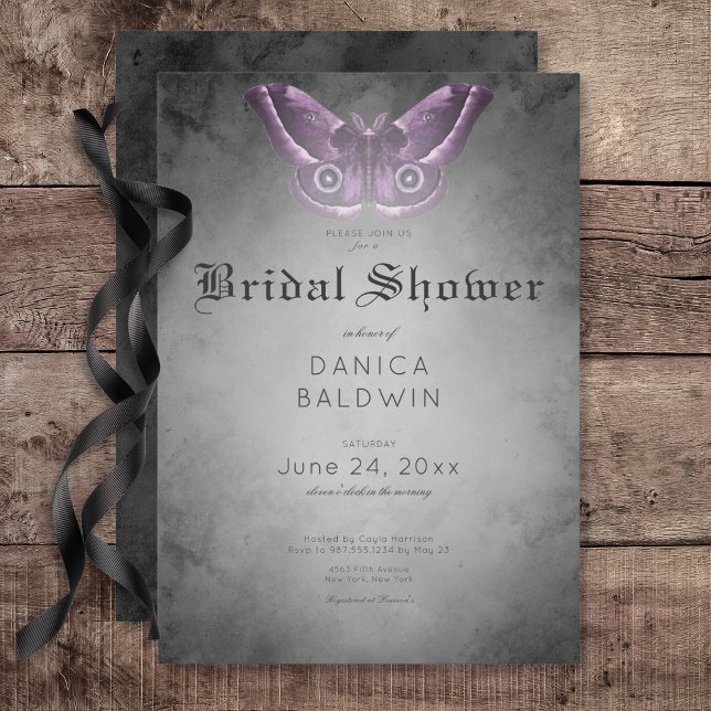 Gothic Black Watercolor Lila Moth Möhippa Inbjudningar (Gothic Black Watercolor Purple Moth Bridal Shower Invitation)
