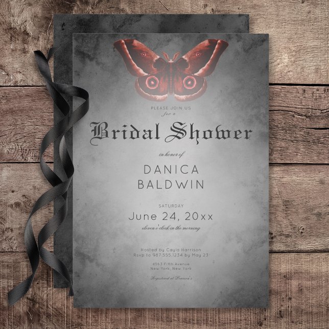 Gothic Black Watercolor Red Moth Möhippa Inbjudningar (Gothic Black Watercolor Red Moth Bridal Shower Invitation)