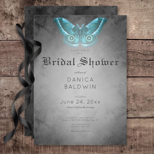 Gothic Black Watercolor Teal Moth Möhippa Inbjudningar (Gothic Black Watercolor Teal Moth Bridal Shower Invitation)