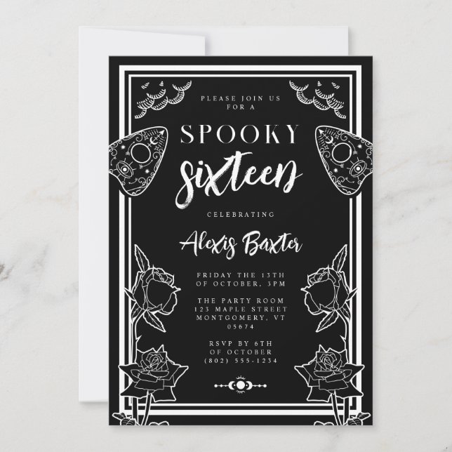 Gothic Black White Blommigt Typography-Sweet sixte Inbjudningar (Framsida)