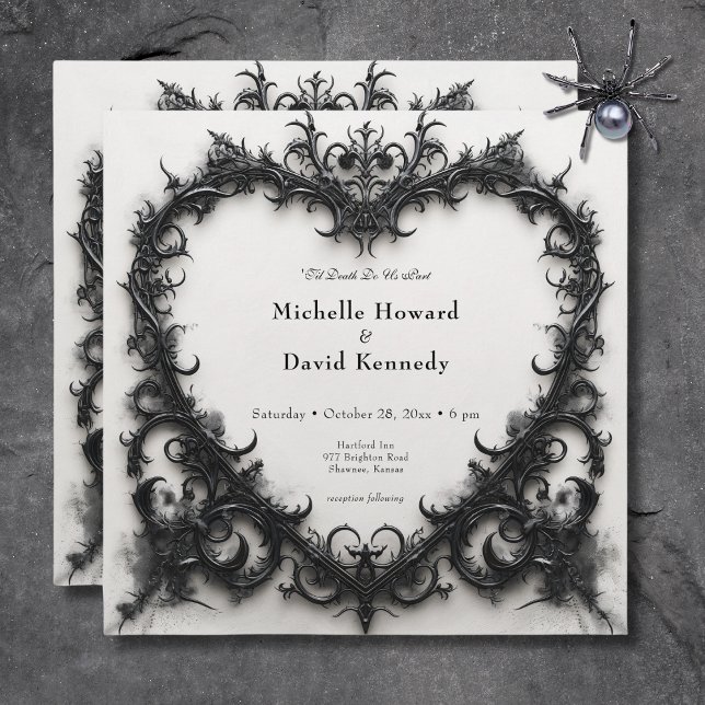 Gothic Black & White Filigree Heart Bröllop Inbjudningar (Gothic Black & White Filigree Heart Wedding Invitation)