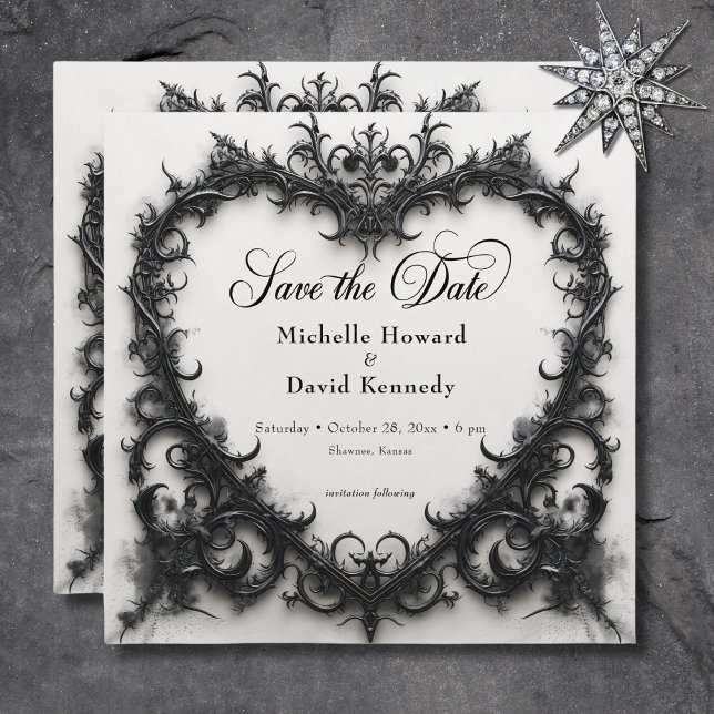 Gothic Black & White Filigree Heart Bröllop Spara Datumet (Gothic Black & White Filigree Heart Wedding Save The Date)