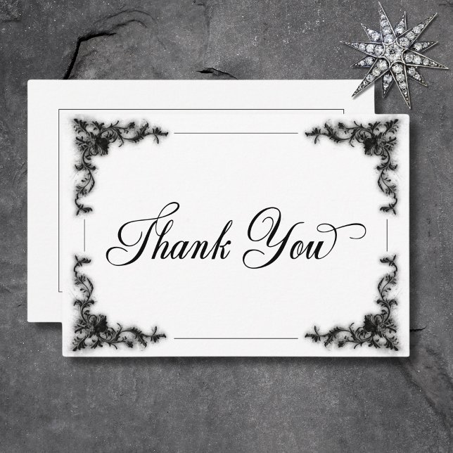Gothic Black & White Filigree Heart Bröllop Tack Kort (Gothic Black & White Filigree Heart Wedding Thank You Card)
