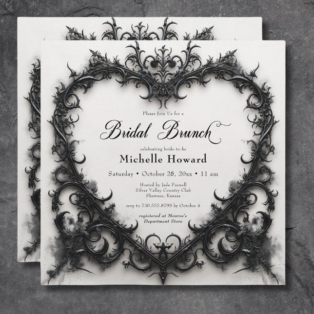 Gothic Black & White Filigree Heart Möhippa Brunch Inbjudningar (Gothic Black & White Filigree Heart Bridal Brunch Invitation)