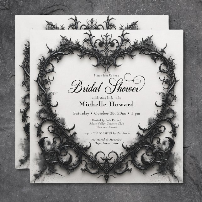 Gothic Black & White Filigree Heart-Möhippa Inbjudningar (Gothic Black & White Filigree Heart Bridal Shower Invitation)