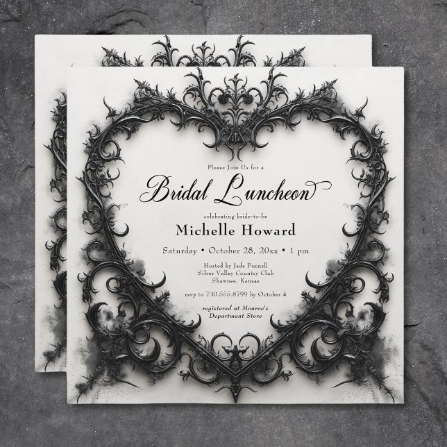 Gothic Black & White Filigree Heart Möhippa Lunch Inbjudningar (Gothic Black & White Filigree Heart Bridal Lunch Invitation)