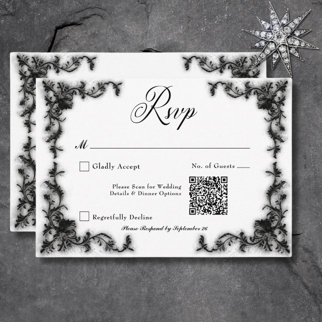 Gothic Black & White Filigree Heart QR-kod OSA Kort (Gothic Black & White Filigree Heart QR Code RSVP Card)