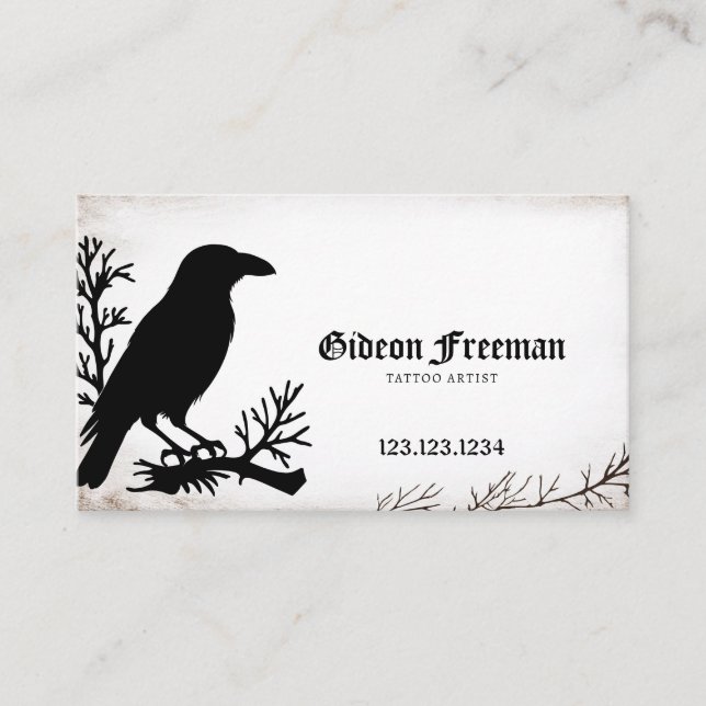 Gothic Black & White Gritty Struktur Kråka Tattoo Visitkort (Framsida)